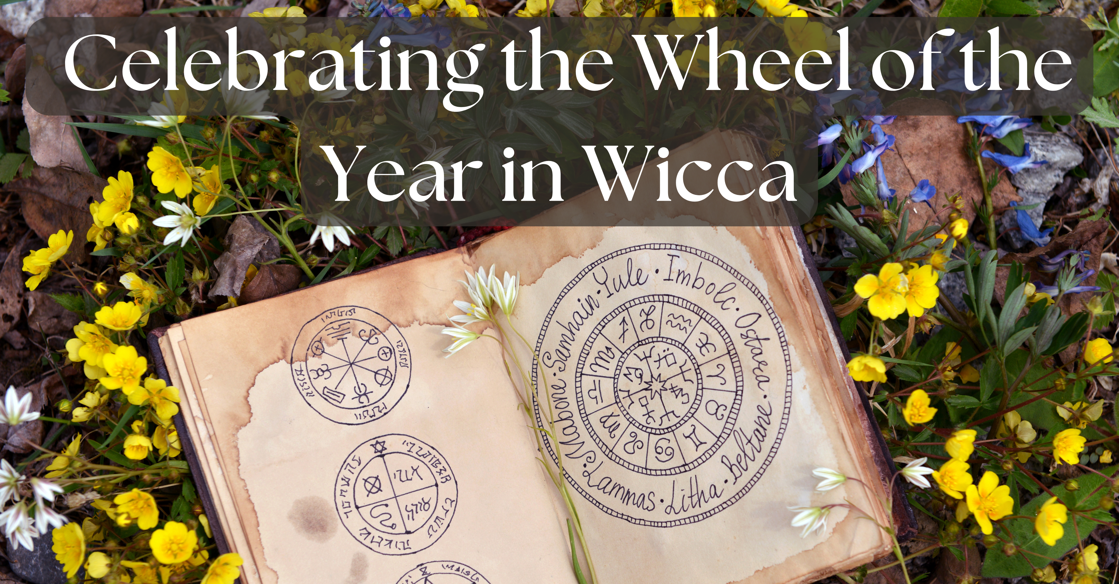 "Celebrating the Wheel of the Year in Wicca" written on a background of a spellbook surrounded by flowers